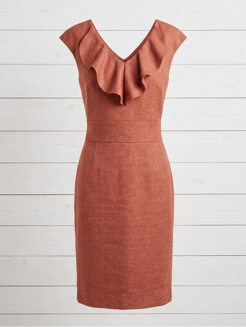 Classiques Entier Silk Linen Ruffle V-Neck Sheath Dress Rust Orange Size 8